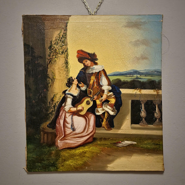 Antique Large French Romantic Oil Painting, Galante Couple Scene, 19th Century Canvas Artwork, Classical Interior Wall Decor