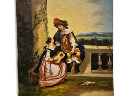 Antique Large French Romantic Oil Painting, Galante Couple Scene, 19th Century Canvas Artwork, Classical Interior Wall Decor