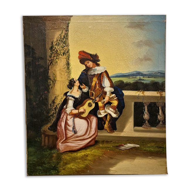 Antique Large French Romantic Oil Painting, Galante Couple Scene, 19th Century Canvas Artwork, Classical Interior Wall Decor