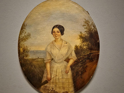 Antique French Portrait Oil Painting Oval Format, Elegant Woman with Umbrella, 19th Century Seaside Scene Artwork, Romantic Wall Decor