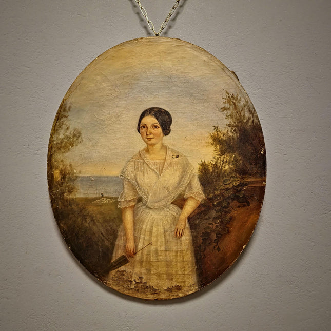 Antique French Portrait Oil Painting Oval Format, Elegant Woman with Umbrella, 19th Century Seaside Scene Artwork, Romantic Wall Decor