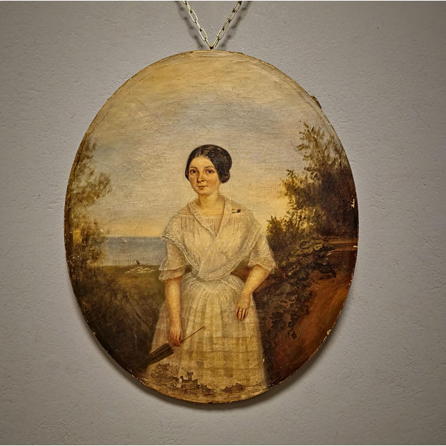 Antique French Portrait Oil Painting Oval Format, Elegant Woman with Umbrella, 19th Century Seaside Scene Artwork, Romantic Wall Decor