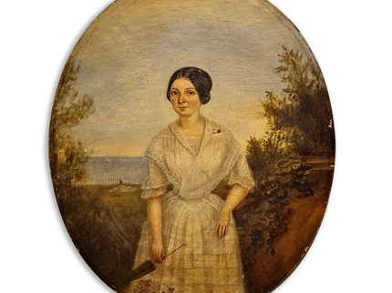 Antique French Portrait Oil Painting Oval Format, Elegant Woman with Umbrella, 19th Century Seaside Scene Artwork, Romantic Wall Decor