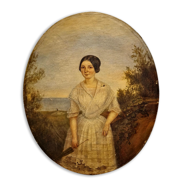 Antique French Portrait Oil Painting Oval Format, Elegant Woman with Umbrella, 19th Century Seaside Scene Artwork, Romantic Wall Decor