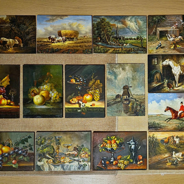 Small Vintage French Still Life and Landscape Oil Painting, Dutch Style Art, Farm & Fruit Scenes, Farmhouse Kitchen Decor, Bookshelf Artwork
