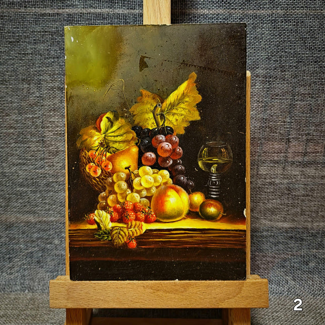 Small Vintage French Still Life and Landscape Oil Painting, Dutch Style Art, Farm & Fruit Scenes, Farmhouse Kitchen Decor, Bookshelf Artwork