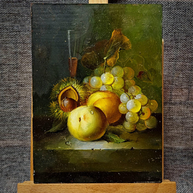 Small Vintage French Still Life and Landscape Oil Painting, Dutch Style Art, Farm & Fruit Scenes, Farmhouse Kitchen Decor, Bookshelf Artwork