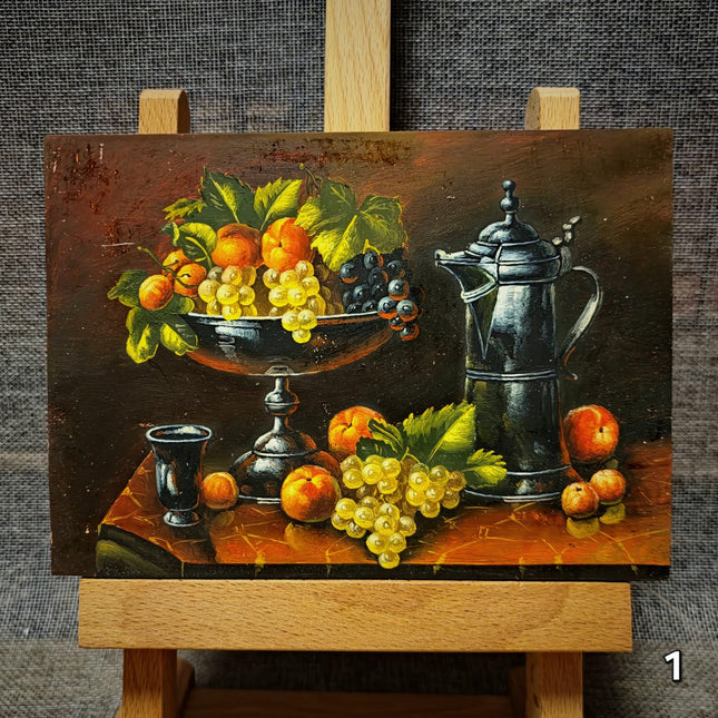 Small Vintage French Still Life and Landscape Oil Painting, Dutch Style Art, Farm & Fruit Scenes, Farmhouse Kitchen Decor, Bookshelf Artwork