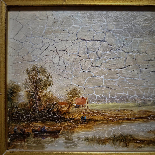 Vintage River Landscape Oil Painting, Gold Framed Original Artwork, Farmhouse Decor, Mid Century European Wall Art, Rustic Interior Accent