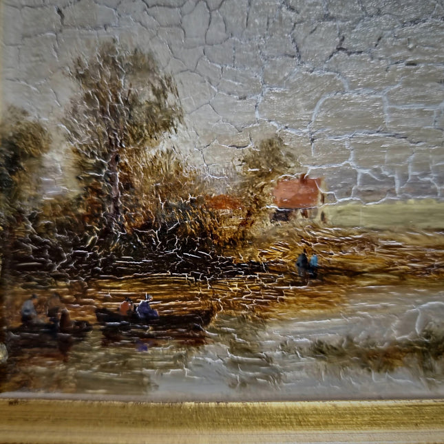 Vintage River Landscape Oil Painting, Gold Framed Original Artwork, Farmhouse Decor, Mid Century European Wall Art, Rustic Interior Accent