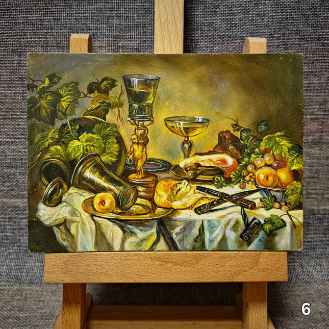 Small Vintage French Still Life and Landscape Oil Painting, Dutch Style Art, Farm & Fruit Scenes, Farmhouse Kitchen Decor, Bookshelf Artwork