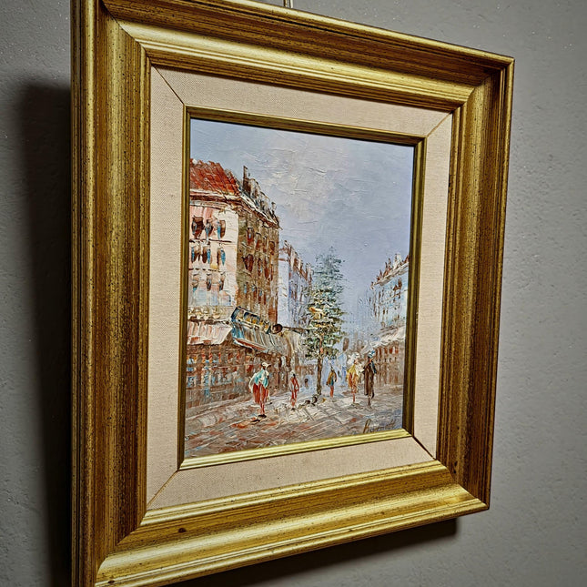 Antique Oil Painting, French Street Scene, Signed Canvas Art, Gold Framed Vintage Artwork, Parisian Wall Decor, Urban Impressionist Gift