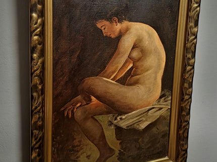 Large Antique Nude Oil Painting, Art Deco Curiosa Erotic Scene, Signed Female Figure Artwork, Collectible European Fine Art, Rare Wall Decor