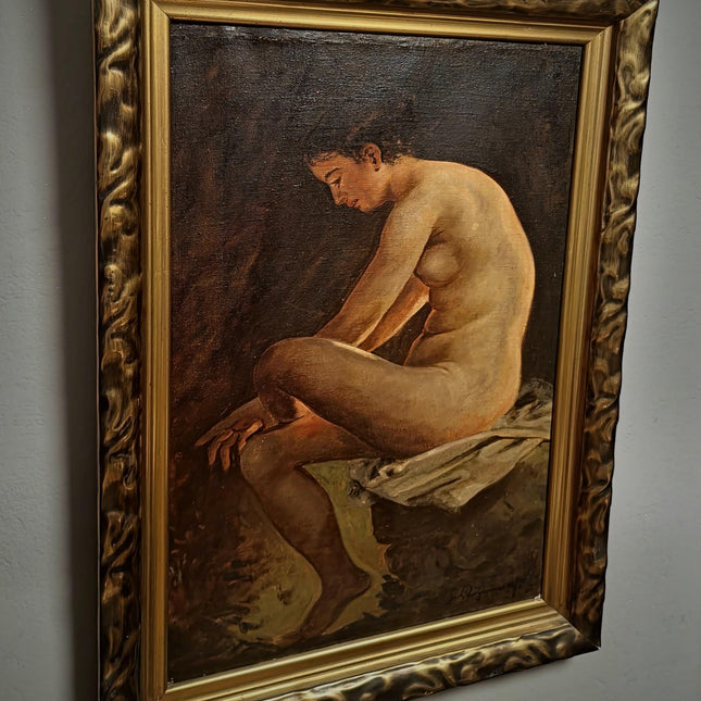Large Antique Nude Oil Painting, Art Deco Curiosa Erotic Scene, Signed Female Figure Artwork, Collectible European Fine Art, Rare Wall Decor