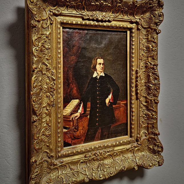 Antique Portrait Oil Painting, Romantic Male Figure, 19th Century Composer Scene, Gilded Frame Wall Decor, Historic Collectible Fine Art