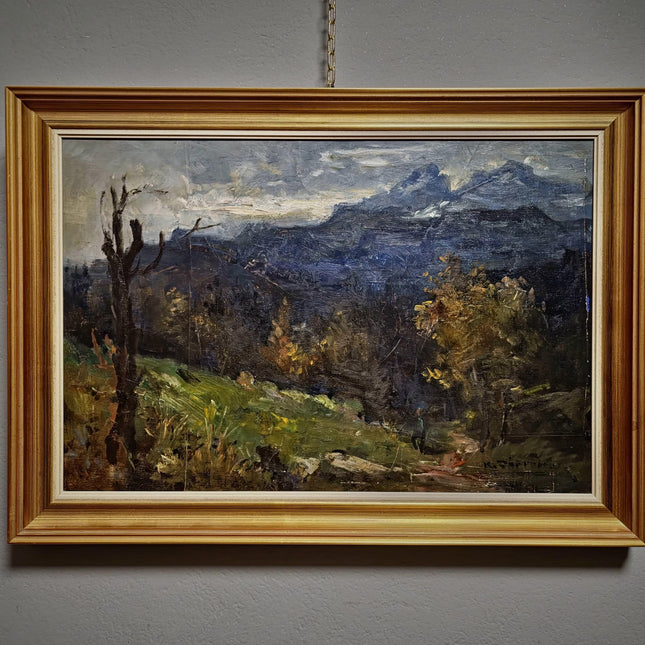 Vintage Mountain Moody Landscape Painting, German Signed Original Oil Art, Framed Alpine Scenic View, Rustic Wall Decor Nature-Inspired Gift
