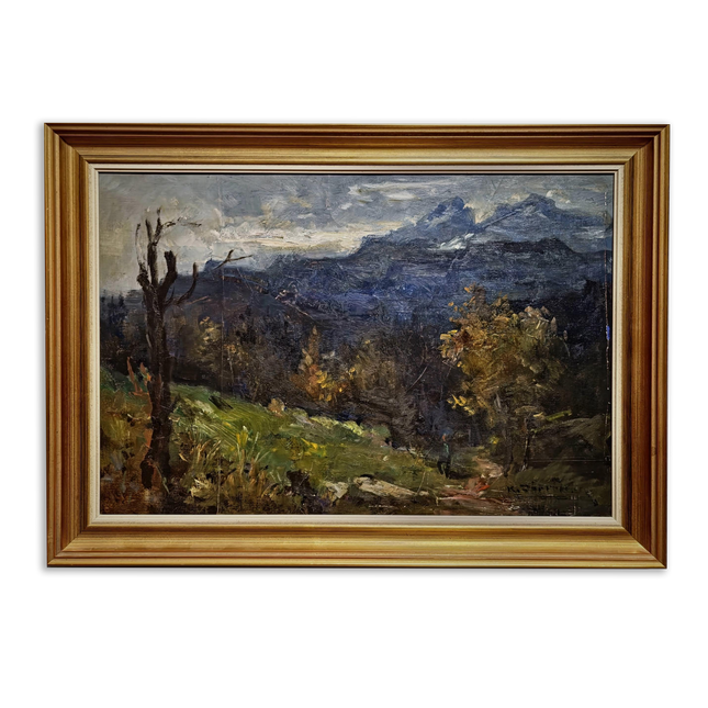Vintage Mountain Moody Landscape Painting, German Signed Original Oil Art, Framed Alpine Scenic View, Rustic Wall Decor Nature-Inspired Gift