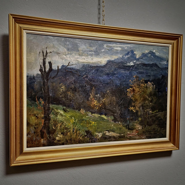 Vintage Mountain Moody Landscape Painting, German Signed Original Oil Art, Framed Alpine Scenic View, Rustic Wall Decor Nature-Inspired Gift