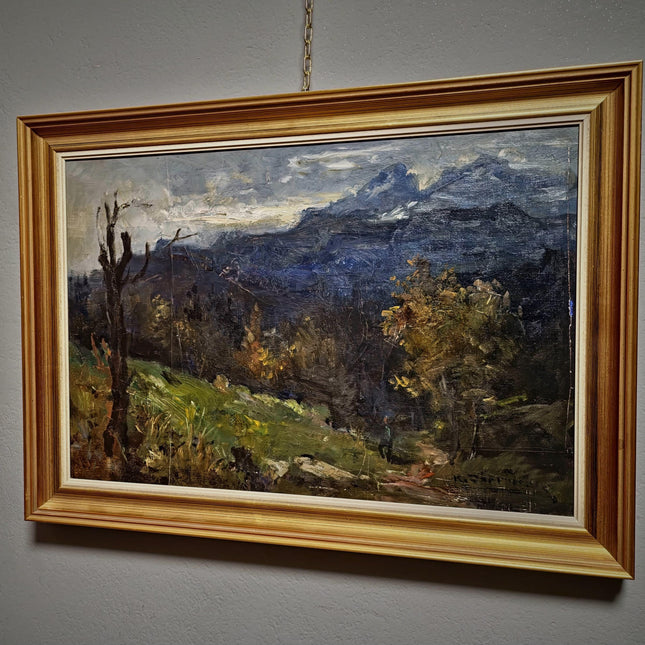 Vintage Mountain Moody Landscape Painting, German Signed Original Oil Art, Framed Alpine Scenic View, Rustic Wall Decor Nature-Inspired Gift
