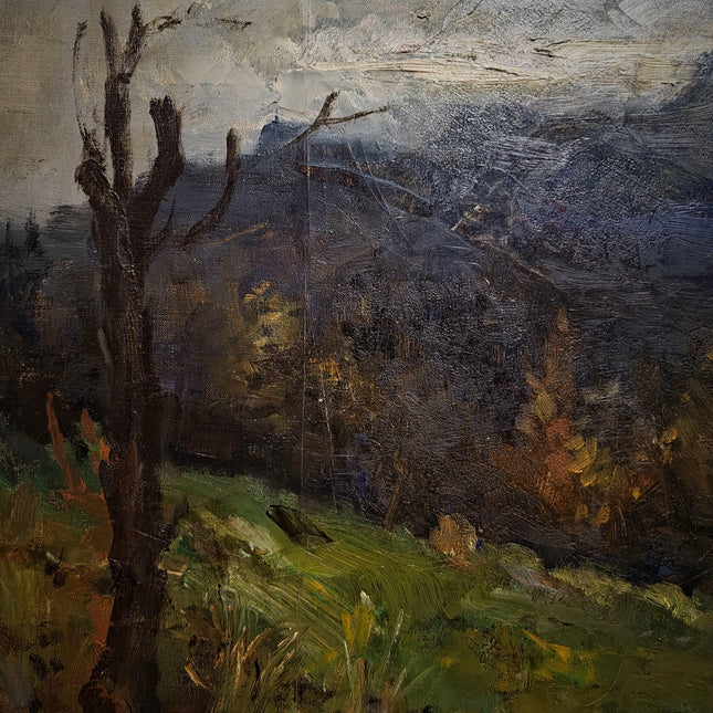 Vintage Mountain Moody Landscape Painting, German Signed Original Oil Art, Framed Alpine Scenic View, Rustic Wall Decor Nature-Inspired Gift