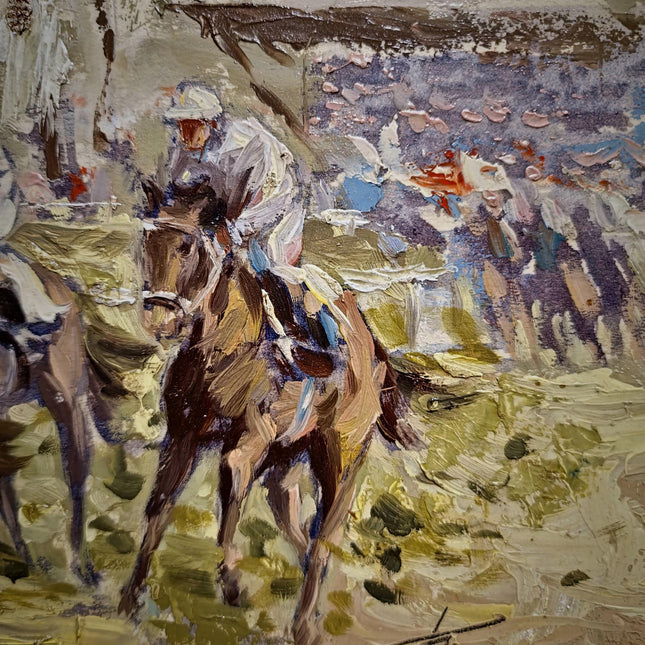 Vintage Equestrian Oil Painting, Horse Racing Scene, Signed European Artwork, Animal Art in Frame, Sporting Decor for Traditional Interiors