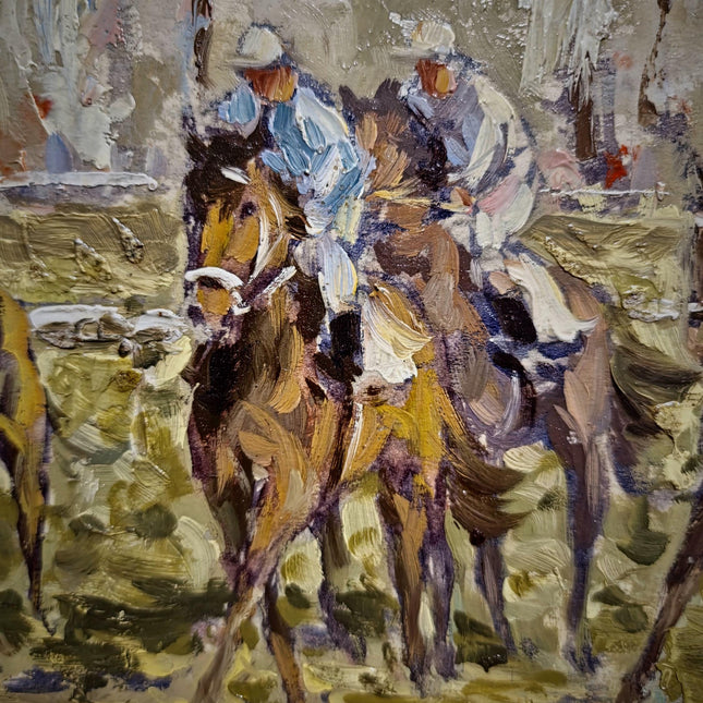 Vintage Equestrian Oil Painting, Horse Racing Scene, Signed European Artwork, Animal Art in Frame, Sporting Decor for Traditional Interiors