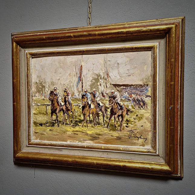 Vintage Equestrian Oil Painting, Horse Racing Scene, Signed European Artwork, Animal Art in Frame, Sporting Decor for Traditional Interiors