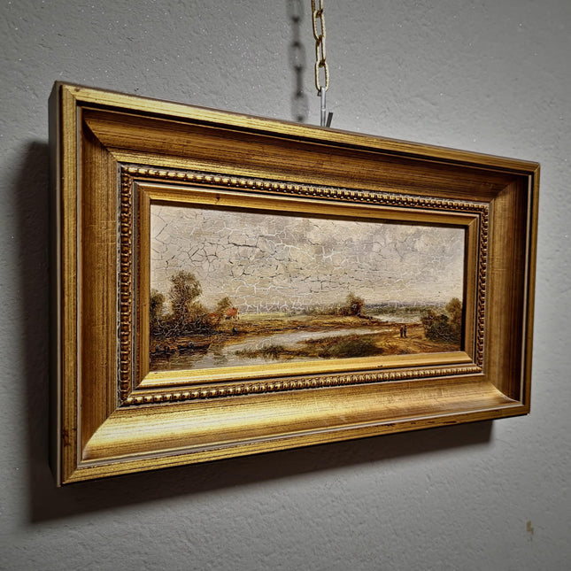 Vintage River Landscape Oil Painting, Gold Framed Original Artwork, Farmhouse Decor, Mid Century European Wall Art, Rustic Interior Accent