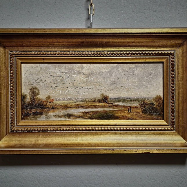 Vintage River Landscape Oil Painting, Gold Framed Original Artwork, Farmhouse Decor, Mid Century European Wall Art, Rustic Interior Accent