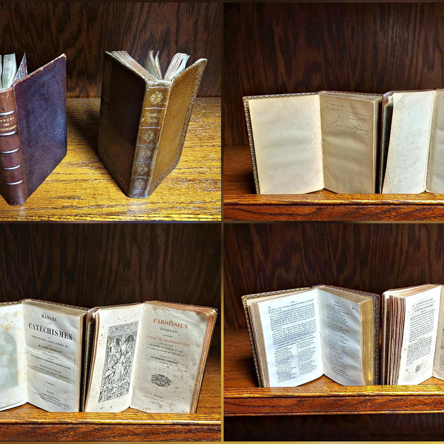 Rare Antique Religious French Book Set, Morocco Leather Bound, Dark Academia Bookshelf Decor, Shabby Chic Library Display, Collectible Gift