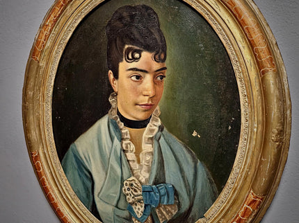 Antique Portrait Oil Painting, 19th Century French Artwork, Oval Canvas in Original Frame, Victorian Wall Art, Moody Classical Female Figure