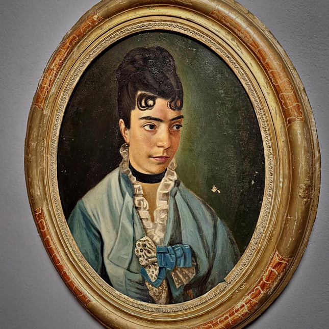 Antique Portrait Oil Painting, 19th Century French Artwork, Oval Canvas in Original Frame, Victorian Wall Art, Moody Classical Female Figure