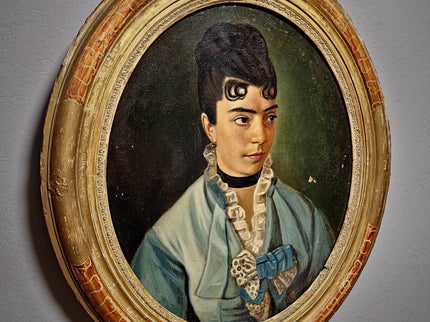 Antique Portrait Oil Painting, 19th Century French Artwork, Oval Canvas in Original Frame, Victorian Wall Art, Moody Classical Female Figure