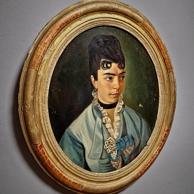 Antique Portrait Oil Painting, 19th Century French Artwork, Oval Canvas in Original Frame, Victorian Wall Art, Moody Classical Female Figure