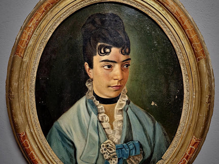 Antique Portrait Oil Painting, 19th Century French Artwork, Oval Canvas in Original Frame, Victorian Wall Art, Moody Classical Female Figure