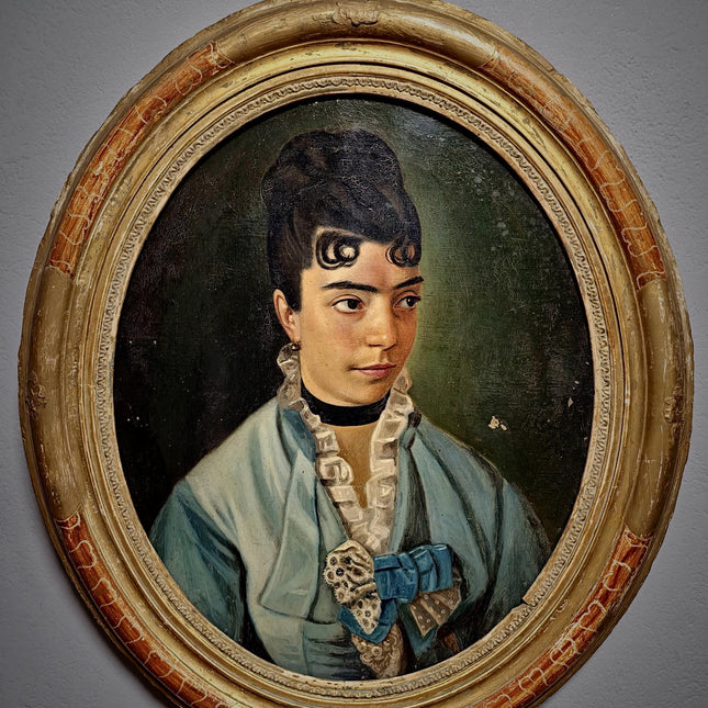 Antique Portrait Oil Painting, 19th Century French Artwork, Oval Canvas in Original Frame, Victorian Wall Art, Moody Classical Female Figure