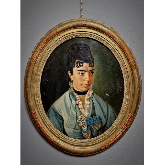 Antique Portrait Oil Painting, 19th Century French Artwork, Oval Canvas in Original Frame, Victorian Wall Art, Moody Classical Female Figure