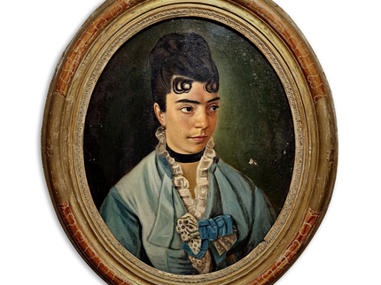 Antique Portrait Oil Painting, 19th Century French Artwork, Oval Canvas in Original Frame, Victorian Wall Art, Moody Classical Female Figure