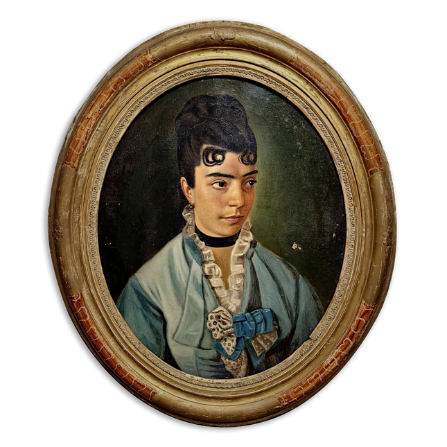 Antique Portrait Oil Painting, 19th Century French Artwork, Oval Canvas in Original Frame, Victorian Wall Art, Moody Classical Female Figure