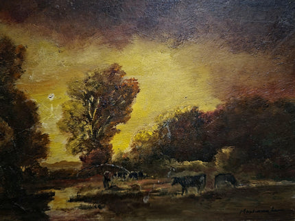 Antique Barbizon Landscape Oil Painting, Cows at Sunset, Framed French Art