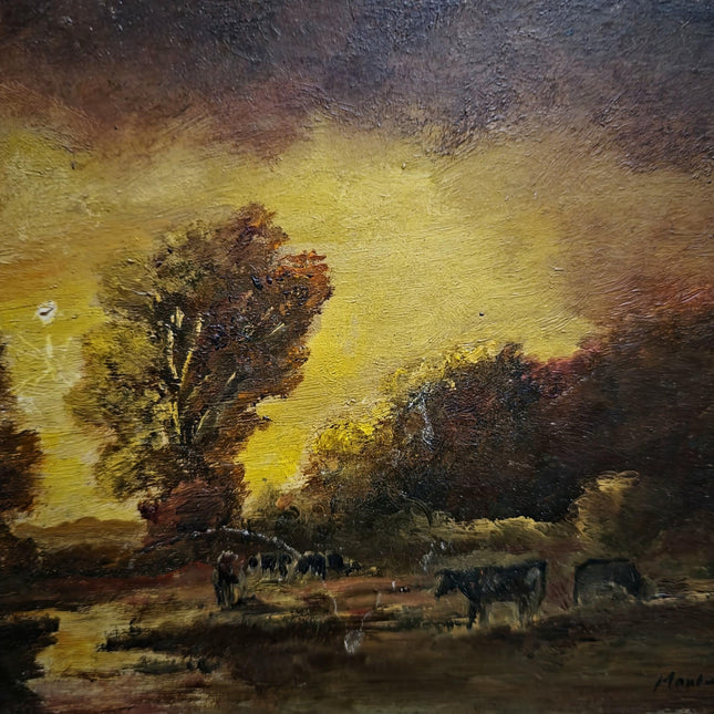Antique Barbizon Landscape Oil Painting, Cows at Sunset, Framed French Art