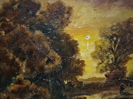 Antique Barbizon Landscape Oil Painting, Cows at Sunset, Framed French Art