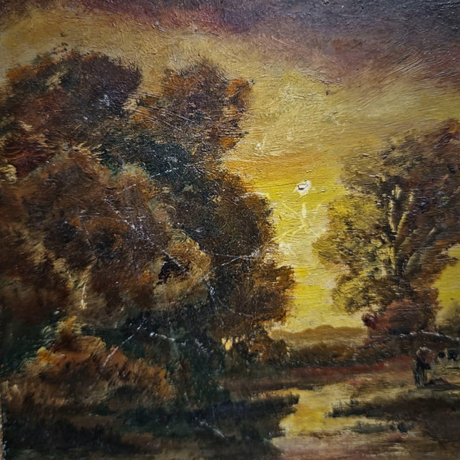 Antique Barbizon Landscape Oil Painting, Cows at Sunset, Framed French Art