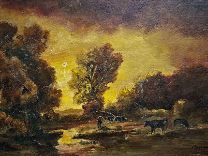 Antique Barbizon Landscape Oil Painting, Cows at Sunset, Framed French Art
