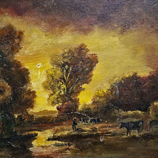 Antique Barbizon Landscape Oil Painting, Cows at Sunset, Framed French Art