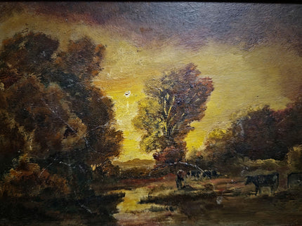 Antique Barbizon Landscape Oil Painting, Cows at Sunset, Framed French Art