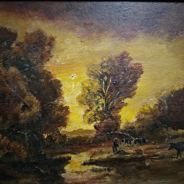 Antique Barbizon Landscape Oil Painting, Cows at Sunset, Framed French Art