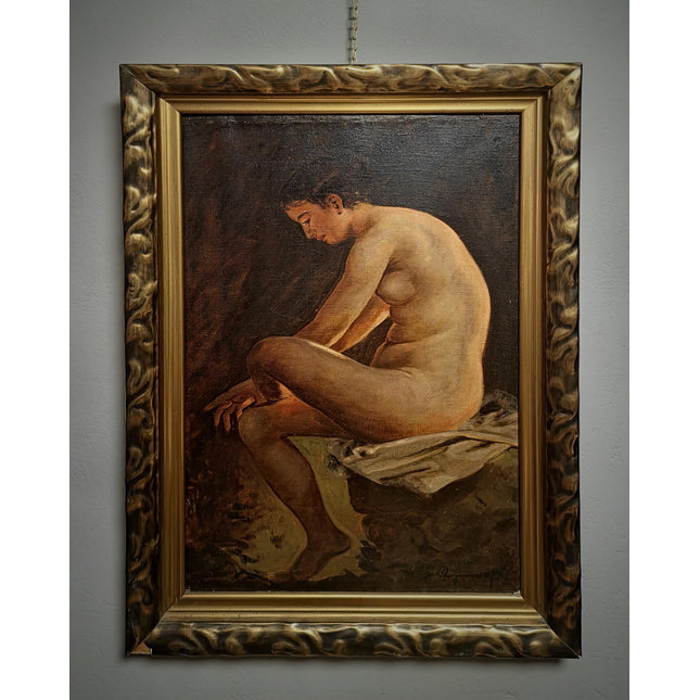 Large Antique Nude Oil Painting, Art Deco Curiosa Erotic Scene, Signed Female Figure Artwork, Collectible European Fine Art, Rare Wall Decor