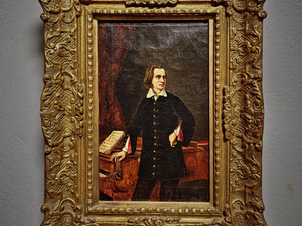 Antique Portrait Oil Painting, Romantic Male Figure, 19th Century Composer Scene, Gilded Frame Wall Decor, Historic Collectible Fine Art