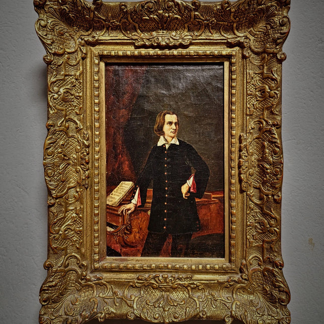 Antique Portrait Oil Painting, Romantic Male Figure, 19th Century Composer Scene, Gilded Frame Wall Decor, Historic Collectible Fine Art